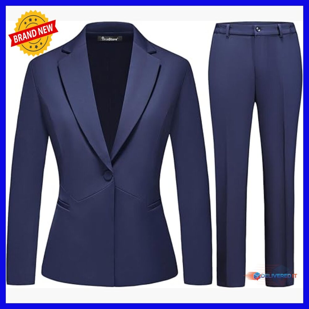 Slim Fit 2 Piece Pant Suit Set Professional Work Outfit Polyester Blend